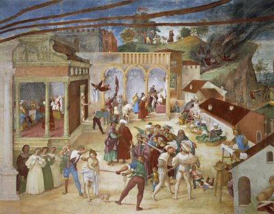 Szent Borbálát a város utcáin vezetik, részlet a Christ-Vine-ből és a Szent Borbála legendája Lorenzo Lotto (körülbelül 1480-1556), freskó, részlet, Villa Suardi, Capella Suardi, Trescore Balneario alkotó: Lorenzo Lotto