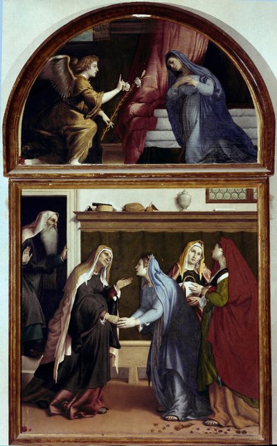 Az Angyali üdvözlet. A Látogatás oltárképének része (olaj, tábla alkotó: Lorenzo Lotto