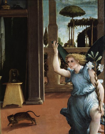 Az Angyali üdvözlet, az angyal részlete alkotó: Lorenzo Lotto