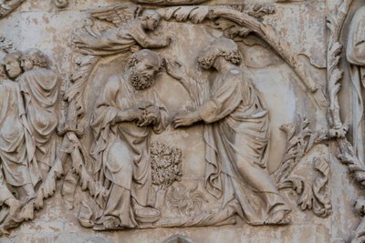 Gedeon gyapjú, részlet Jesse-fáról és messiási próféciák, Genezis történetei, Lorenzo Maitani domborművei (1275-1330 előtt), második pillér, Orvieto katedrális homlokzata, Umbria, Olaszország alkotó: Lorenzo Maitani