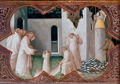 Szűz koronázási oltárképe: „Nursie-i Szent Benedek szerzetest támaszt fel” Detrempe fán, Piero di Giovanni dit Lorenzo Monaco (1370-1424) 1413 Firenze, Uffizi galéria alkotó: Lorenzo Monaco