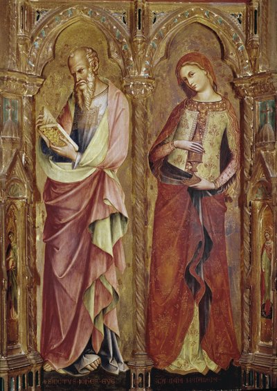 Szent János evangélista és Szent Mária Magdolna - Részlet az Angyali üdvözlet poliptichonjáról (1357, tempera és aranylevél a fán) alkotó: Lorenzo Veneziano