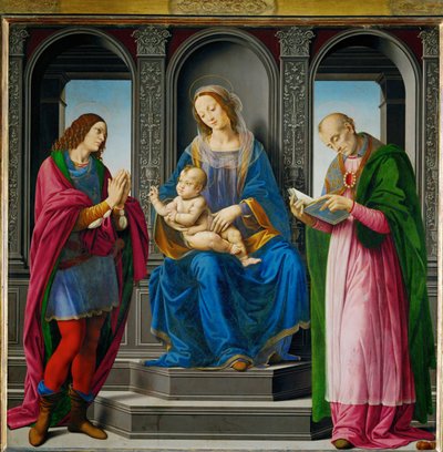 Madonna és gyermeke, körülötte Szent Julián és Myrai Szent Miklós ... alkotó: Lorenzo di Credi