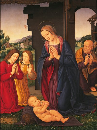 A Gyermek és az angyalok imádása, Lorenzo di Credi (1459-1536), tempera, vászon alkotó: Lorenzo di Credi