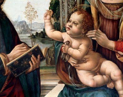 Szűz gyermekkel és két szenttel, Szent Máté és Szent Jeromos (Szűz gyermekkel és két szenttel, Szent Máté és Szent Jeromos) Részlet: Lorenzo di Credi (1459-1537) festménye Firenze, Santo Spirito templom Olaszország alkotó: Lorenzo di Credi