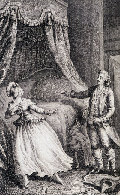 Pár a hálószoba ágya előtt - a „” Les francaises-ben ou 34 példa a jelenlegi erkölcsökben, amelyek alkalmasak leányok, nők, feleségek, anyák vezetésére” Restif de La Bretonne (1734-1806), ill. írta: Binet, Neufchatel alkotó: Louis (after) Binet