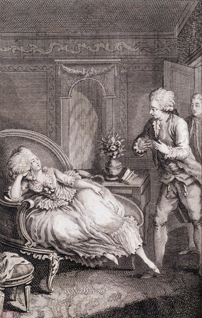 Gentilhomme kinyilvánítja szerelmét egy pásztorlányon sínylődő hölgynek - a „Les francaises ou 34 példájában a jelenlegi szokások szerint leányok, feleségek, anyák vezetésére”” Restif de La Bretonne (1734-1806), ill. írta: Binet, Neufchatel alkotó: Louis (after) Binet