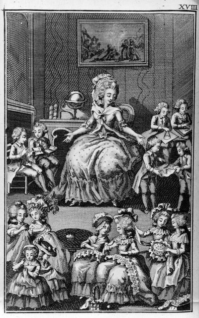 Louis Binet (1744-1800) illusztrációja Nicolas Edme Restif de La Bretonne „Les Parisiennes” című könyvéhez, avagy a modern mórok XL általános karaktereihez, amelyek alkalmasak a l’instruction des Person-du-Sexe kiszolgálására, az új Lycee des mo emlékirata alkotó: Louis (after) Binet