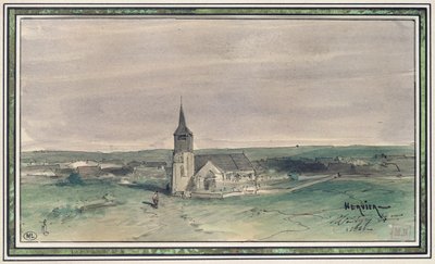 Templom és falu a mező közepén, Montigny, 1866 (toll, tinta és WC papíron) alkotó: Louis Adolphe Hervier