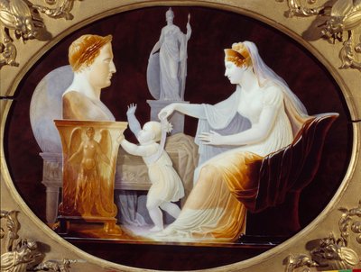 A Impress Mary Louise II. Napóleon római király, Reichstadt hercege (1811-1832), I. Napóleon császár fia (1769-1821) első lépéseit kalauzolja apja, Louis Bertin Parant porcelántányér mellszobra előtt. (1768-1851) 1813 Párizs. La Leg alkotó: Louis Bertin Parant