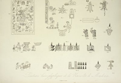 Hieroglif festmények a Mendoza gyűjteményből, illusztráció a Kordillerák látképéből és az Amerika őslakosainak emlékműveiből, Alexander von Humboldt és Aime Bonpland, 1813 alkotó: Louis Bouquet