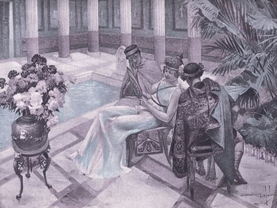 Titus és Gisippus, illusztráció a Boccaccio Dekameronból, a Navarra Társaság 1930-as években (litho) alkotó: Louis Chalon
