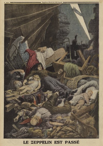 Család halt meg egy német Zeppelin bombatámadásában, I. világháború, 1916 (színes litó) alkotó: Louis Charles (after) Bombled