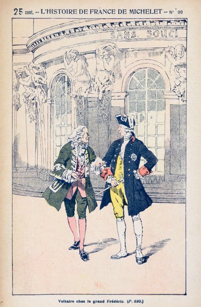 Francois Voltaire (1694-1778) II. Frigyes porosz királlyal (1712-86) a Potsdam melletti Sanssouciban, Jules Michelet (1798-1874) „Histoire de France” című művéből, 1900 körül alkotó: Louis Charles Bombled