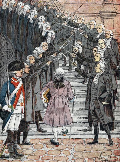 Francia forradalom: XVI. Lajos francia király, akit a párizsi városházára hívtak, átkel az őrök „acélboltozatán” alkotó: Louis Charles Bombled