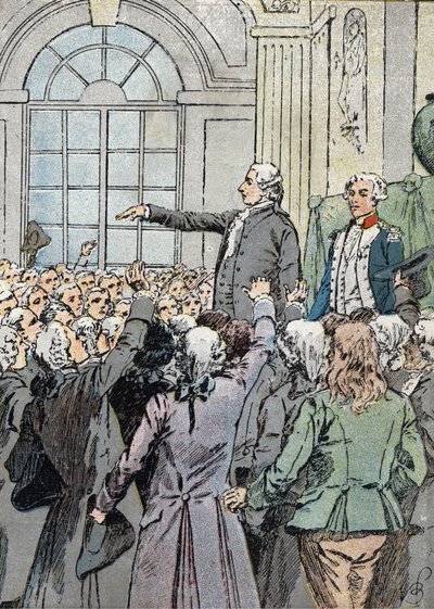 Francia forradalom: „” Jean Sylvain Bailly képviselőt (1736-1793) 1789. július 15-én La Fayette jelenlétében Párizs polgármesterévé választották” (Jean-Sylvain Bailly politikai vezetőt július 15-én választották meg Párizs polgármesterévé 1789) Illusztráció alkotó: Louis Charles Bombled