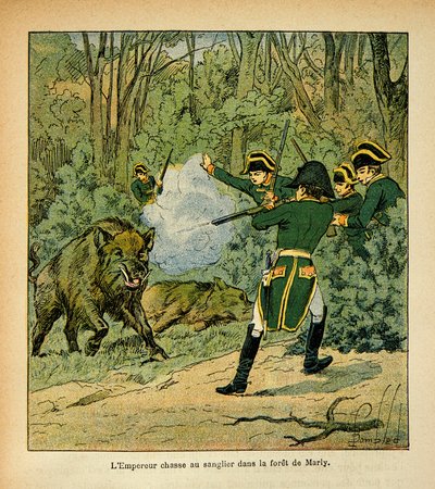 Bombled Louis (1862-1927) illusztrációja Emmanuel de Las Cases gróf (1766-1842) "Szent Heléna emlékezete" című könyvéből: Napóleon császár vaddisznóra vadászik a marlyi erdőben, magángyűjtemény. alkotó: Louis Charles Bombled