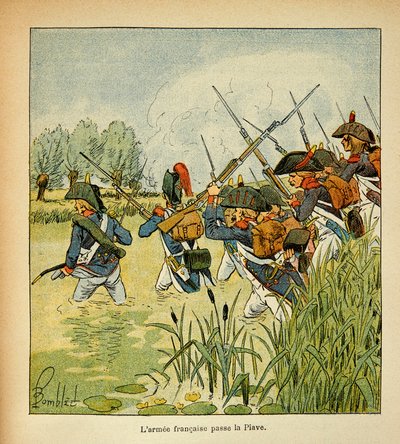 Bombled Louis (1862-1927) illusztrációja Emmanuel de Las Cases (1766-1842) gróf „Szent Heléna emlékműve” című könyvéből: A francia Armee elhalad a Piave mellett az olasz hadjárat során, magángyűjtemény alkotó: Louis Charles Bombled
