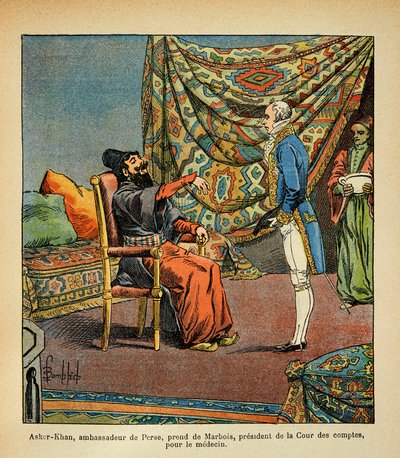 Francois Barbe-Marbois perzsa nagykövet, Asker - Khan bombázta Louis-t (1862-1927) párizsi látogatásán (Beard Marbois) (1745-1837), elnök alkotó: Louis Charles Bombled