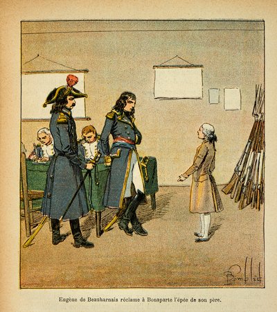 Bombázott Lajos (1862-1927) illusztrációja gróf Emmanuel de Las Cases (1766-1842) „Szent Heléna emlékműve” című könyvéből: Eugene de Beauharnais (1781-1824) apja kardját követeli Bonaparte magángyűjteményében alkotó: Louis Charles Bombled