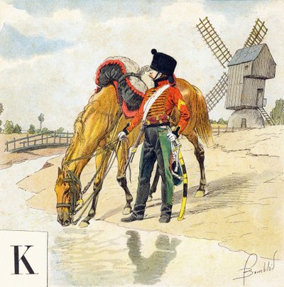 K betű: Kolbach (colback, colbaque), az első és a második birodalom francia lovasainak kalapja, "Je serai soldat" (katona leszek) - Katonai ábécé alkotó: Louis Charles Bombled