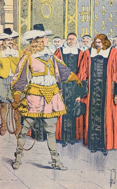 XIV. Lajos látogatása a francia parlamentben, illusztráció Jules Michelet „Histoire de France” című könyvéből, 1900 körül alkotó: Louis Charles Bombled