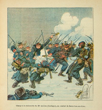 Eugene Sergeant, Grenest néven ismert Loire armee, Louis Bombled (1862-1927) illusztrálásával (francia-német háború; hadjárat 1870-1871): roham a 22. mobil (Dordogne) bajonettjére a csatában Saint Jean sur Evre 1871 januárjában, P alkotó: Louis Charles Bombled