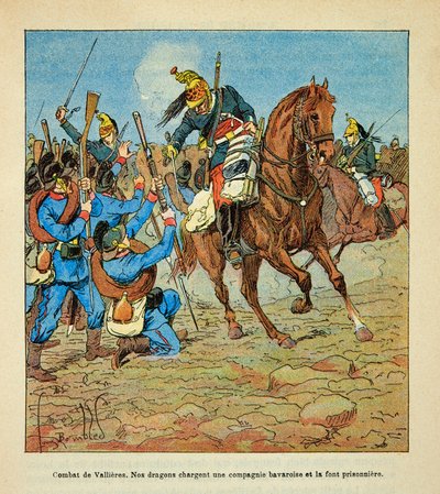 Eugene Sergent, Grenest néven ismert Loire armee, Louis Bombled (1862-1927) illusztrálásával (francia-német háború; hadjárat 1870-1871): Vallieres-i csata 1870 novemberében, francia sárkányok megtámadnak egy bajor társaságot, és ez fogoly, C közlegény alkotó: Louis Charles Bombled