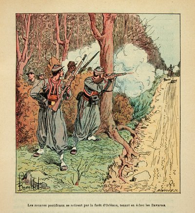 Eugene Sergent, Grenest néven ismert, Louis Bombled (1862-1927) által illusztrált A Loire menti hadsereg (francia-német háború; 1870-1871-es hadjárat): Orleans-i háború, a pápai zouávok visszavonultak az orleans-i erdőn keresztül, sakkban tartva a bajoroka alkotó: Louis Charles Bombled