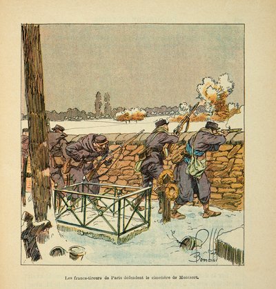 Eugene Sergent, Grenest néven ismert Loire armee, Louis Bombled (1862-1927) illusztrálásával (francia-német háború; hadjárat 1870-1871): A párizsi francia lövészek megvédik a Montsort (Alencon) temetőt januárban 1871, Magángyűjtemény alkotó: Louis Charles Bombled