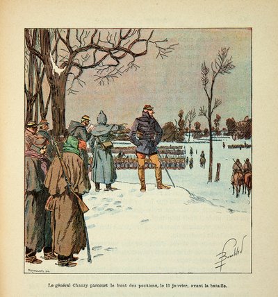 Eugene Sergent, Grenest néven ismert Loire armee, Louis Bombled (1862-1927) illusztrálásával (francia-német háború; hadjárat 1870-1871): Chanzy tábornok január 11-én a csata előtt az állások előtt utazik, közlegény Gyűjtemény alkotó: Louis Charles Bombled