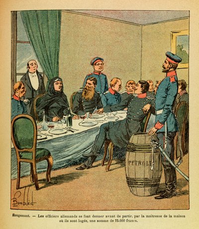 Eugene Sergeant keleti hadereje, Grenest mellett, Louis Bombled (1862-1927) illusztrálásával (francia-német háború; hadjárat 1870-1871): Rougemontban a német tiszteket távozás előtt annak a háznak a úrnője adta át, ahol ezek páholyok, egy összeg alkotó: Louis Charles Bombled