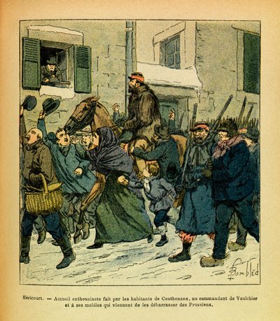 Eugene Sergeant keleti hadereje, Grenest néven, Louis Bombled (1862-1927) illusztrálásával (francia-német háború; 1870-1871 kampány): 1871. január, Hericourt, Couthenans lakóinak lelkesedése a parancsnokhoz Vaulchier és m alkotó: Louis Charles Bombled
