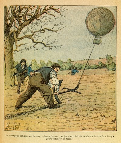 Eugene Sergeant keleti hadereje, Grenest néven, Louis Bombled (1862-1927) illusztrálásával (francia-német háború; hadjárat 1870-1871): Éjszakai csata Saint Georges-ban; a parasztok egy megfigyelő léggömböt próbálnak tartani, Magángyűjteményt alkotó: Louis Charles Bombled
