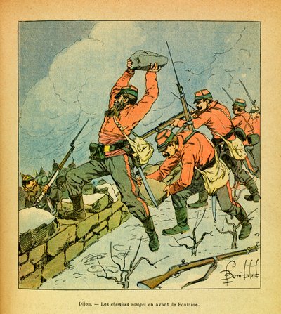 Eugene Sergeant, Grenest néven ismert keleti hadserege, Louis Bombled (1862-1927) illusztrációjával (francia-német háború; 1870-1871-es hadjárat): Garibaldi vörös ingei Fontaine előtt a dijoni csaták alatt 1871 januárjában, magángyűjtemény. alkotó: Louis Charles Bombled