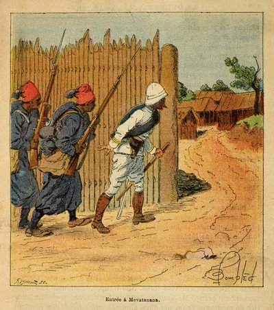 A madagaszkári háború – Az 1885-1895-ös francia expedíciók anekdotikus története, Henri Galli dit Galllichet (1854-1922), illusztrálta Louis Bombled (1862-1927): A francia csapatok 1895-ben bevonultak Mevatanana faluba, magángyűjtemény alkotó: Louis Charles Bombled