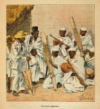 A madagaszkári háború – Az 1885–1895-ös francia expedíciók anekdotikus története, Henri Galli dit Galllichet (1854–1922), illusztrálta: Louis Bombled (1862–1927): Madagaszkári zenészek a 19. században, Magángyűjtemény alkotó: Louis Charles Bombled
