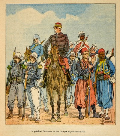 A madagaszkári háború – Az 1885-1895-ös francia expedíciók anekdotikus története, Henri Galli dit Galllichet (1854-1922), illusztrálta: Louis Bombled (1862-1927): Duchesne tábornok a madagaszkári expedíciós csapatokkal, magángyűjtemény alkotó: Louis Charles Bombled