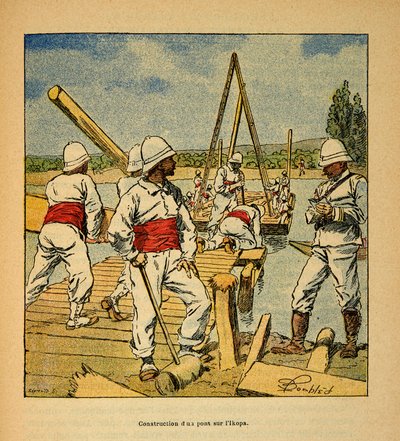 A madagaszkári háború – Az 1885-1895-ös francia expedíciók anekdotikus története, Henri Galli dit Galllichet (1854-1922), illusztrálta Louis Bombled (1862-1927): Hidat épített a dzsinn az Ikopa folyón 1895-ben, Magángyűjtemény alkotó: Louis Charles Bombled