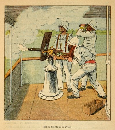 A madagaszkári háború - Az 1885-1895-ös francia expedíciók anekdotikus története Henri Galli dit Galllichet (1854-1922), illusztrálta Louis Bombled (1862-1927): A "La Brave" kanonier fedélzetén 1895-ben a Hovasra leadott ágyúlövés, magángyűjtemény. alkotó: Louis Charles Bombled