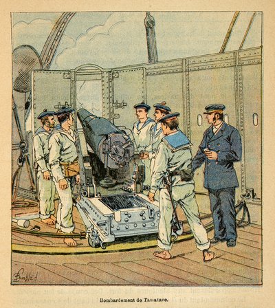 A madagaszkári háború – Az 1885-1895-ös francia expedíciók anekdotikus története, Henri Galli dit Galllichet (1854-1922), illusztrálta: Louis Bombled (1862-1927): Tamatave bombázása a francia haditengerészet által, magángyűjtemény alkotó: Louis Charles Bombled