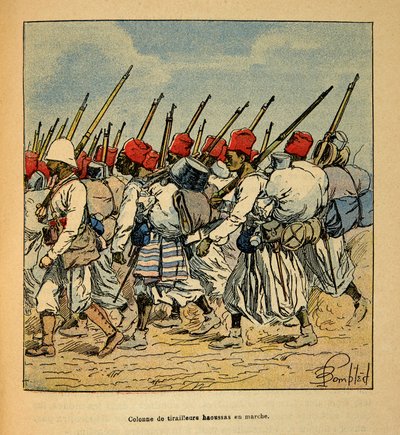 A madagaszkári háború – Az 1885-1895-ös francia expedíciók anekdotikus története, Henri Galli dit Galllichet (1854-1922), illusztrálta: Louis Bombled (1862-1927): Haoussas Tirailleurs 1895-ben menetelő oszlopa, Magángyűjtemény alkotó: Louis Charles Bombled