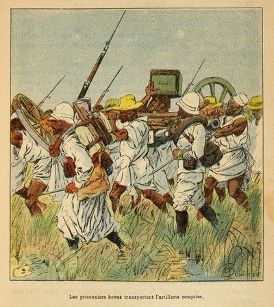 A madagaszkári háború - Az 1885-1895-ös francia expedíciók anekdotikus története Henri Galli dit Galllichet (1854-1922), illusztrálta Louis Bombled (1862-1927): Foglyok Hovas tüzérségi darabok szállítására használt Hovas, magángyűjtemény. alkotó: Louis Charles Bombled