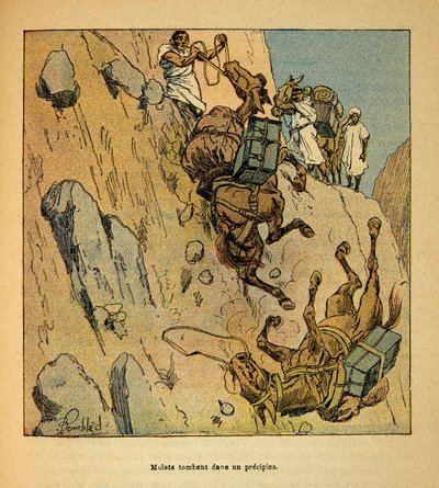 A madagaszkári háború – Az 1885-1895-ös francia expedíciók anekdotikus története, Henri Galli dit Galllichet (1854-1922), illusztrálta: Louis Bombled (1862-1927): Szakadékba zuhanó katonai konvoj mulettek, Külön gyűjtemény alkotó: Louis Charles Bombled