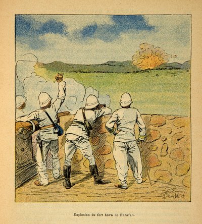 A madagaszkári háború – Az 1885-1895-ös francia expedíciók anekdotikus története, Henri Galli dit Galllichet (1854-1922), illusztrálta Louis Bombled (1862-1927): A farafatéi Hova-erőd felrobbanása 1895-ben, Magángyűjtemény alkotó: Louis Charles Bombled