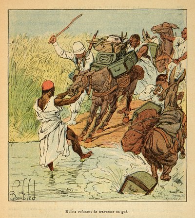 A madagaszkári háború – Az 1885–1895-ös francia expedíciók anekdotikus története, Henri Galli dit Galllichet (1854–1922), illusztrálta: Louis Bombled (1862–1927): Mulettek, akik nem hajlandók keresztbe tenni egy tévhitet a francia madagaszkári expedíció so alkotó: Louis Charles Bombled