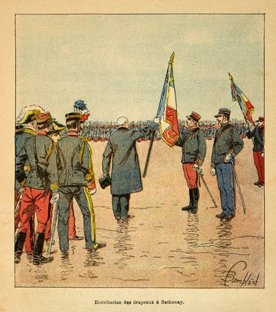 A madagaszkári háború – Az 1885-1895-ös francia expedíciók anekdotikus története, Henri Galli dit Galllichet (1854-1922), illusztrálta Louis Bombled (1862-1927): Zászlók kiosztása Sathonayban a Madagaszkárra induló csapatok között 1895-ben a sajtó alkotó: Louis Charles Bombled