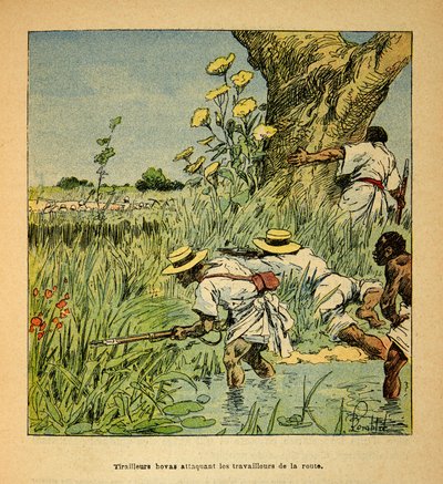 A madagaszkári háború - Az 1885-1895-ös francia expedíciók története, írta Henri Galli dit Galllichet (1854-1922), illusztrálta Louis Bombled (1862-1927): Hovas Tirailleurs az utat építő katonaságot támadja 1895-ben, magángyűjtemény alkotó: Louis Charles Bombled