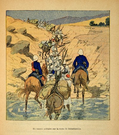 A madagaszkári háború - Az 1885-1895-ös francia expedíciók története Henri Galli dit Galllichet (1854-1922), Louis Bombled (1862-1927) illusztrációjával: katonai konvoj a Suberbieville felé vezető úton 1895-ben, magángyűjtemény. alkotó: Louis Charles Bombled