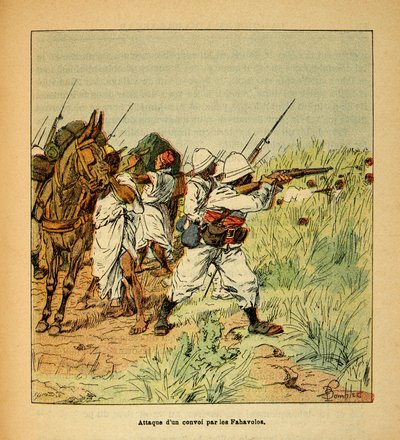 A madagaszkári háború - Az 1885-1895-ös francia expedíciók anekdotikus története Henri Galli dit Galllichet (1854-1922), illusztrálta Louis Bombled (1862-1927): Egy katonai konvoj megtámadása a Fahavolok által, magángyűjtemény. alkotó: Louis Charles Bombled